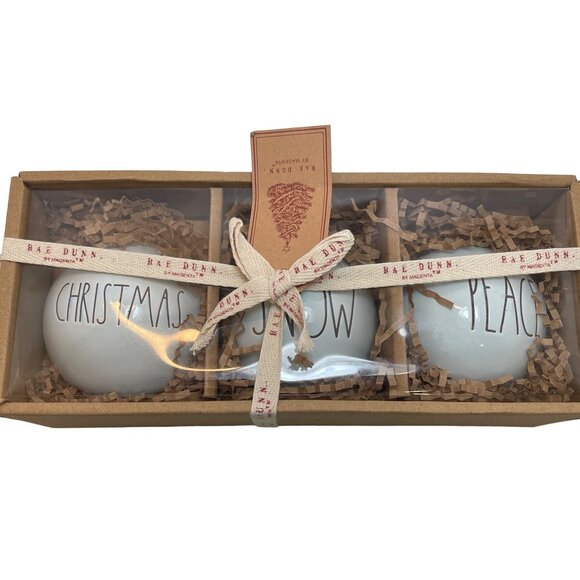 Rae Dunn Christmas Ornaments Set Of 3 With Peace Snow Christmas Pale Blue NWT - Picture 1 of 6